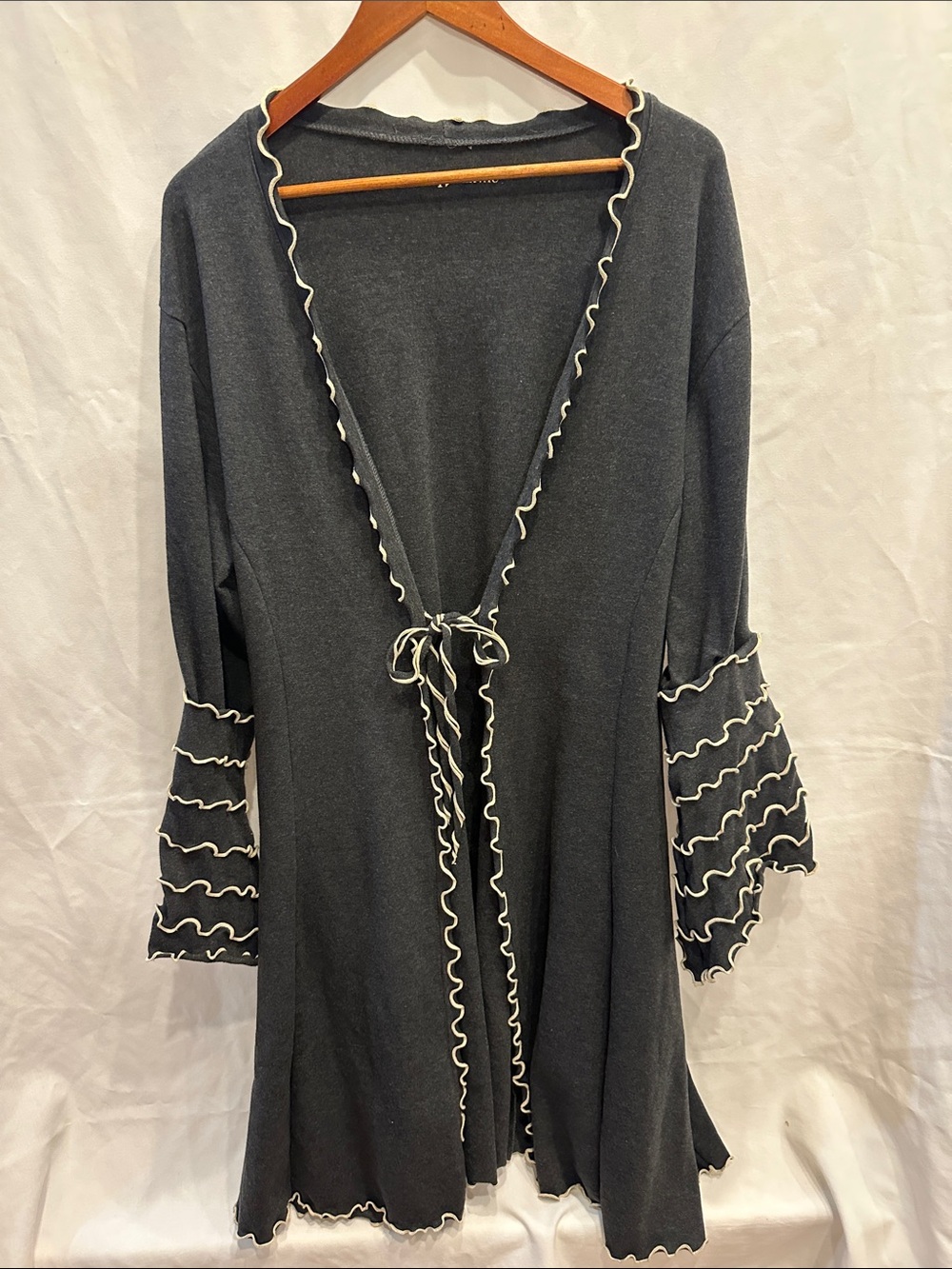 Soft Charcoal long women’s tie front sweater by Laura Hlavac, large